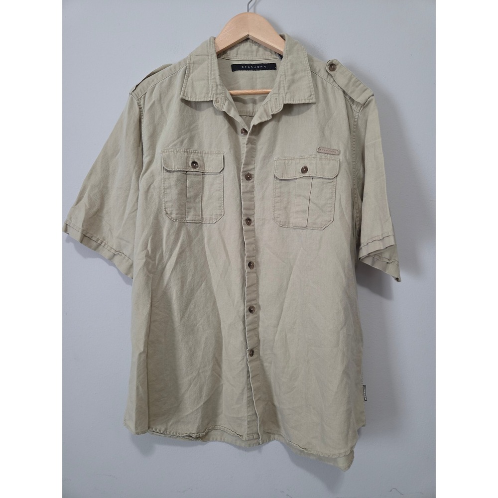 Sean John Mens 2XL Khaki Tan Linen Cotton Short Sleeve Safari Utility Shirt